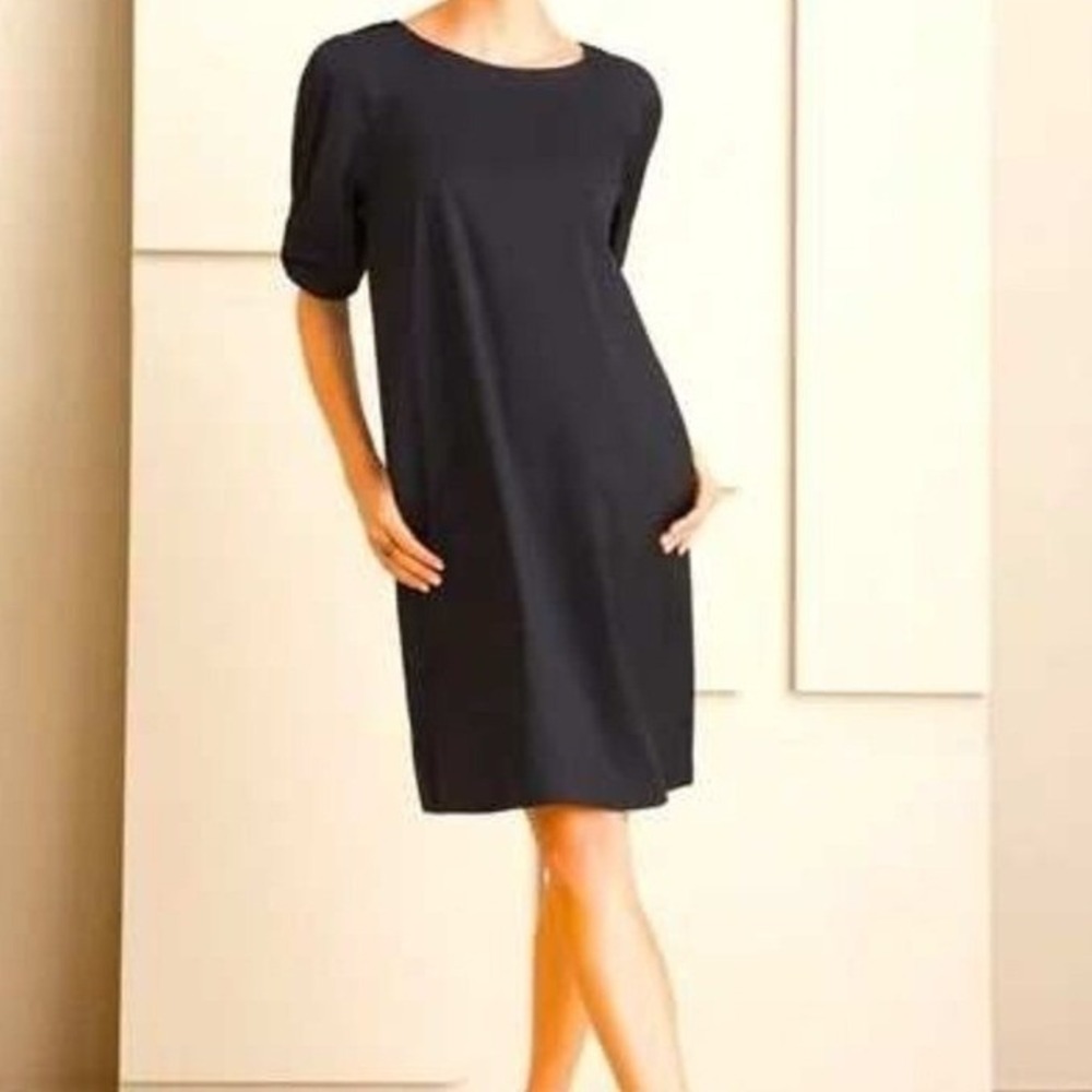 Chico's Shift Dress Women Size 4 Black Short Sleeve Pockets Cotton‎ Blend Scoop